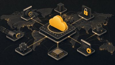 A global network of edge locations lighting up across a dark map